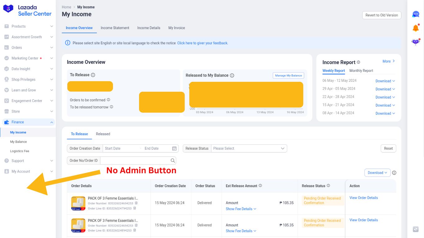 Lazada Seller Center actual seller view showing missing official receipt option