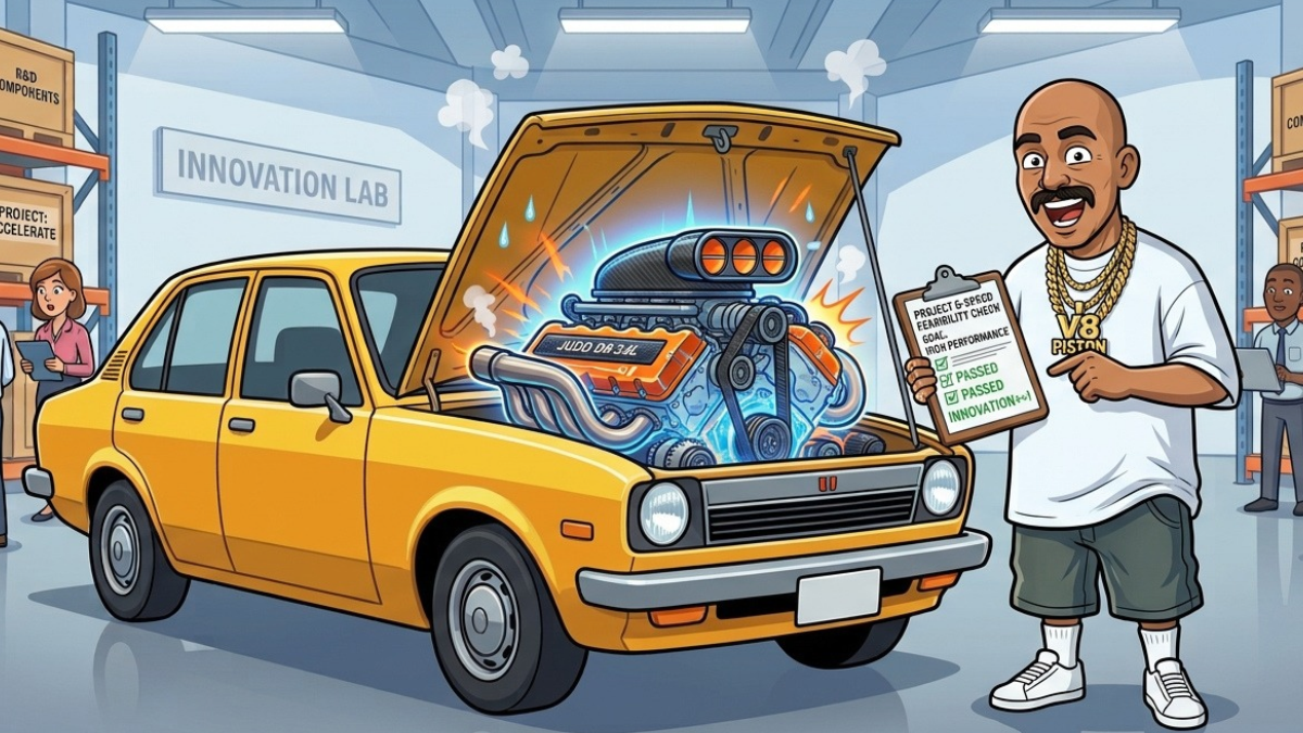 A 1976 Isuzu Gemini with its hood open, revealing a large Judd V8 engine. A person holds a clipboard with engine diagnostic results marked PASSED. Warehouse shelves in the background are labeled Innovation Lab and Project Accelerate.