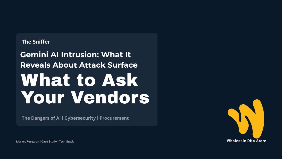 Title card for The Sniffer article: Gemini AI Intrusion - What It Reveals About Attack Surface and What to Ask Your Vendors, by Wholesale Dito Store