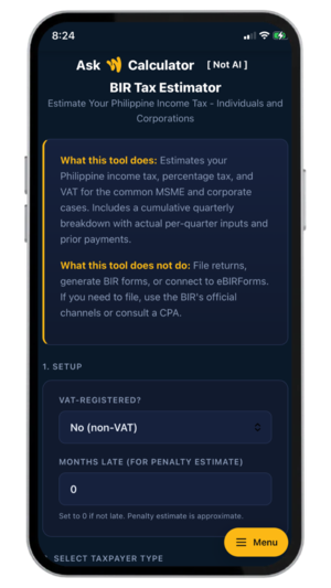 Tax Estimator for Non-VAT and VAT - Estimate Your Philippine Income Tax for Individuals and Corporations.