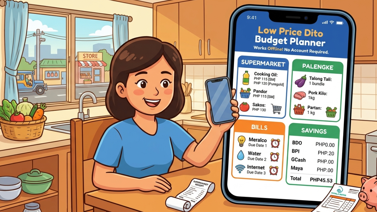 Filipino household budget planner for grocery, palengke and bills tracking on a smartphone showing supermarket price comparison