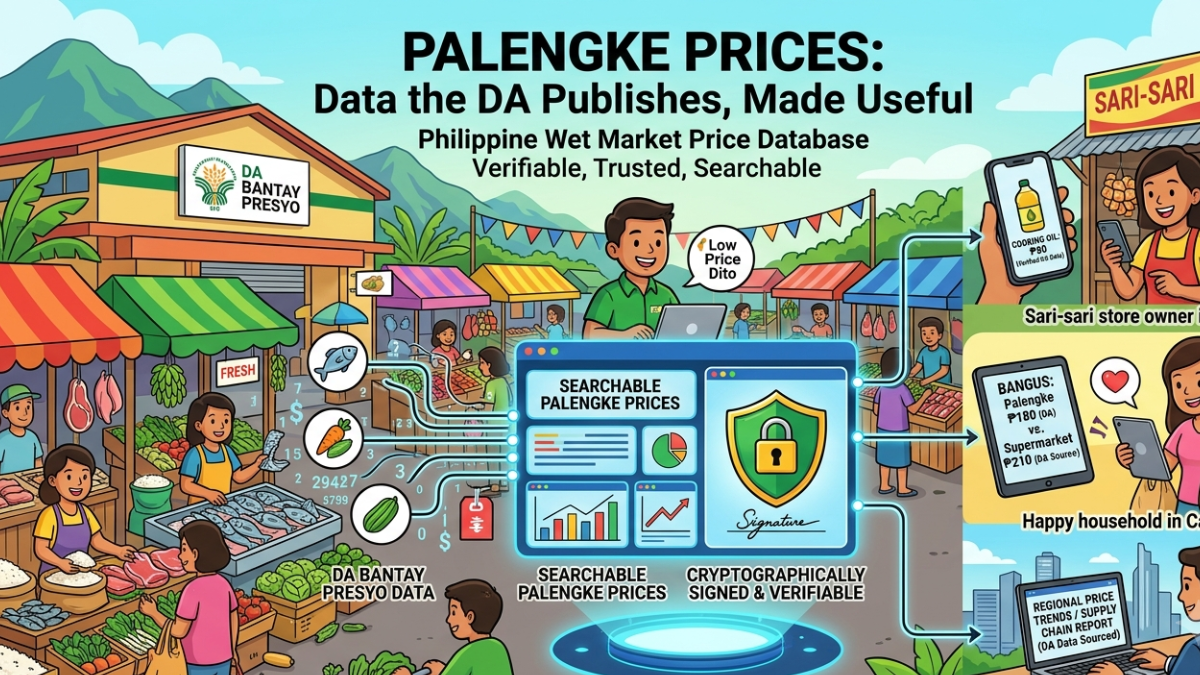 Philippine wet market prices from the Department of Agriculture Bantay Presyo program displayed on a mobile device with a palengke in the background