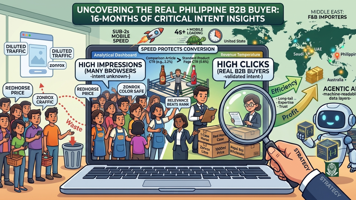 Philippine B2B wholesale search behavior and buyer trends data analysis on a laptop showing Google Search Console metrics