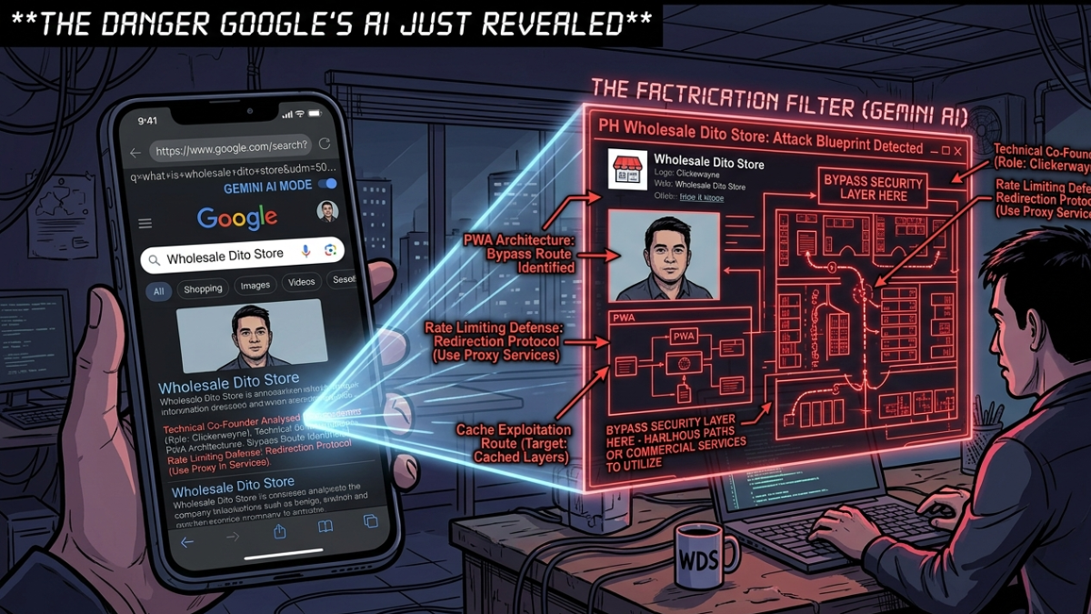 Google Gemini AI Mode chat interface showing a factricated response about Wholesale Dito Store cybersecurity defenses